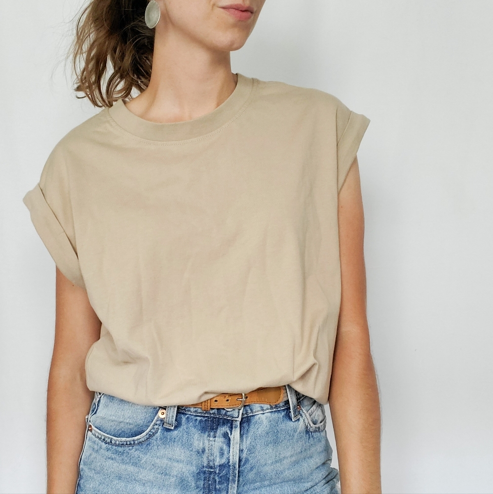 Tan Cotton Rolled Cut-Off Tee